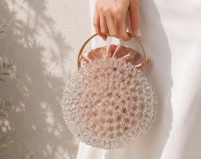 Crystal Pearl Beaded Blush Pink Satin Evening Bag, Handmade Wedding Clutch Purse