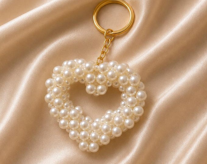 Handmade Pearl Heart Bag Charm, Beaded Keychain, Coquette Purse Accessory, Set of 10