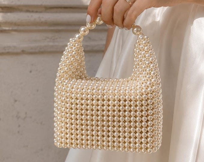 Handmade Pearl Beaded Mini Bag, Elegant Wedding Purse, Designer Style Bag