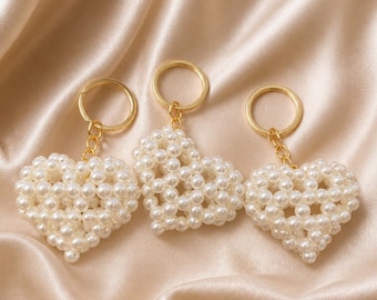 Pearl Heart Keychain, Beaded Bag Charm, Elegant Coquette Style Keyring