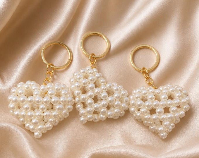 Pearl Heart Keychain, Beaded Bag Charm, Elegant Coquette Style Keyring
