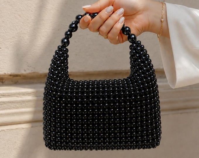 Black Pearl Beaded Evening Bag, Handmade Bridal Clutch, Elegant Shoulder Purse, UK Fast Shipping
