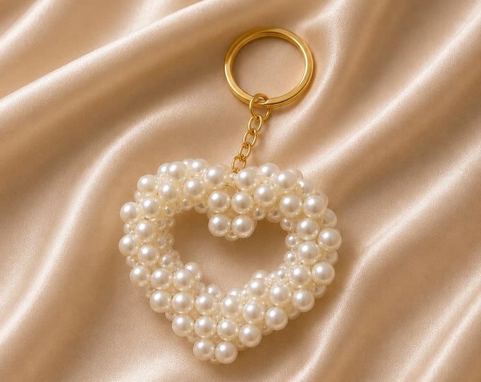 Handmade Pearl Heart Bag Charm, Beaded Keychain, Coquette Purse Accessory