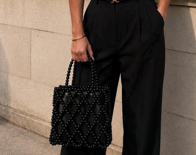 Handmade Black Beaded Satin Mini Tote Bag, Elegant Evening Purse