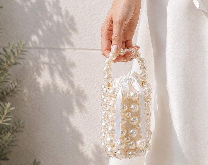 Pearl Beaded Mini Bucket Bag, Handmade Elegant Wedding Evening Purse