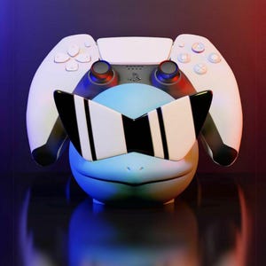 Op de afbeelding: Een witte PlayStation 5-controller met zwart-wit gestreepte zonnebrillen op een blauw-wit personage. De controller heeft een PlayStation-logo aan de voorkant.