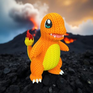 Puede incluir: Figura de Charmander tejida en naranja y amarillo, con garras blancas y una llama roja y amarilla. El fondo muestra un volcán y rocas oscuras, creando un contraste.
