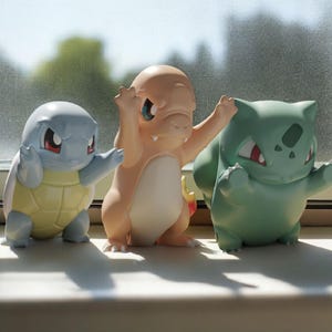 Puede incluir: Tres figuras de Pokémon coloridas se exhiben en un alféizar. Se presentan un Squirtle azul, un Charmander naranja y un Bulbasaur verde. Cada figura tiene un diseño y una pose únicos, con detalles visibles como sus ojos y caparazones.