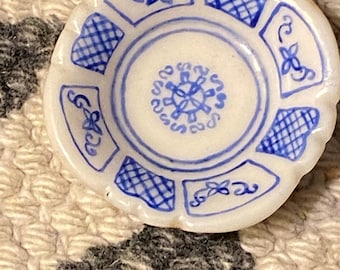 Miniature Dollhouse Plate, Blue and White China, 1:12 Scale