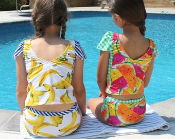 DbCA Sorbetto Swimsuit PDF Pattern - bathing suit, leotard, maillot, and tankini sewing pattern with flutter sleeves and built in shelf bra