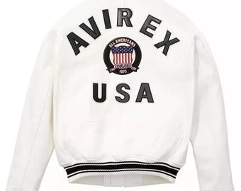Avirex White Echtleder Bomberjacke für Herren | Echtes Rindsleder American Style Cafe Racer Leder Bikerjacke | Geschenk für Ihn