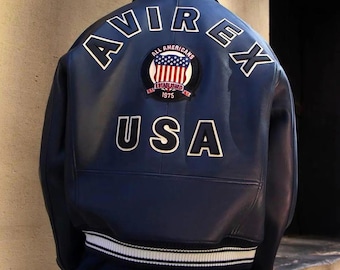 Blauw iconisch bomberjack van Avirex USA | Echt leren bikerjack van rundleder in militaire stijl | Cadeau voor hem