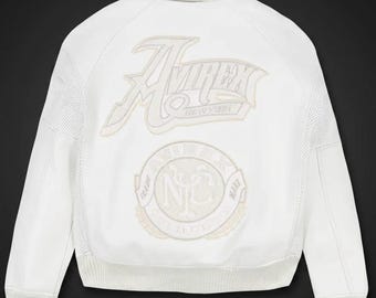 Avirex Weiße Leder Bomberjacke | Gold Club gesticktes Logo Bikerjacke aus echtem perforiertem Rindsleder | Geschenk für Ihn