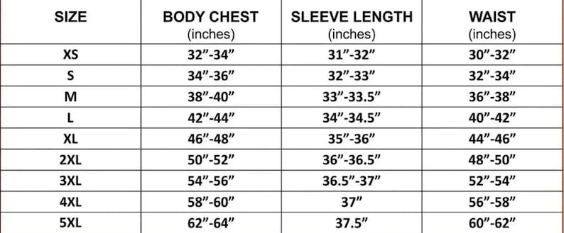 Peut inclure: Un tableau des tailles avec des mesures en pouces pour le tour de poitrine, la longueur des manches et la taille. Les tailles vont de XS &agrave; 5XL, avec les mesures correspondantes pour chaque taille. Le tableau est con&ccedil;u pour aider les clients &agrave; trouver la bonne taille.