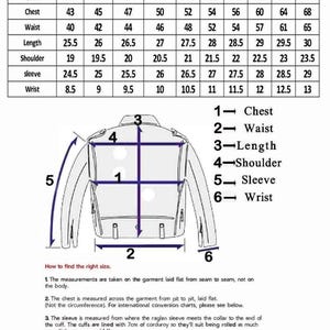 K&ouml;nnte beinhalten: Eine Gr&ouml;&szlig;entabelle mit der Bezeichnung "Gents Size Chart" mit Ma&szlig;en in Zoll f&uuml;r Brust, Taille, L&auml;nge, Schulter, &Auml;rmel und Handgelenk. Enth&auml;lt eine Abbildung einer Jacke mit nummerierten Messpunkten und Anweisungen.