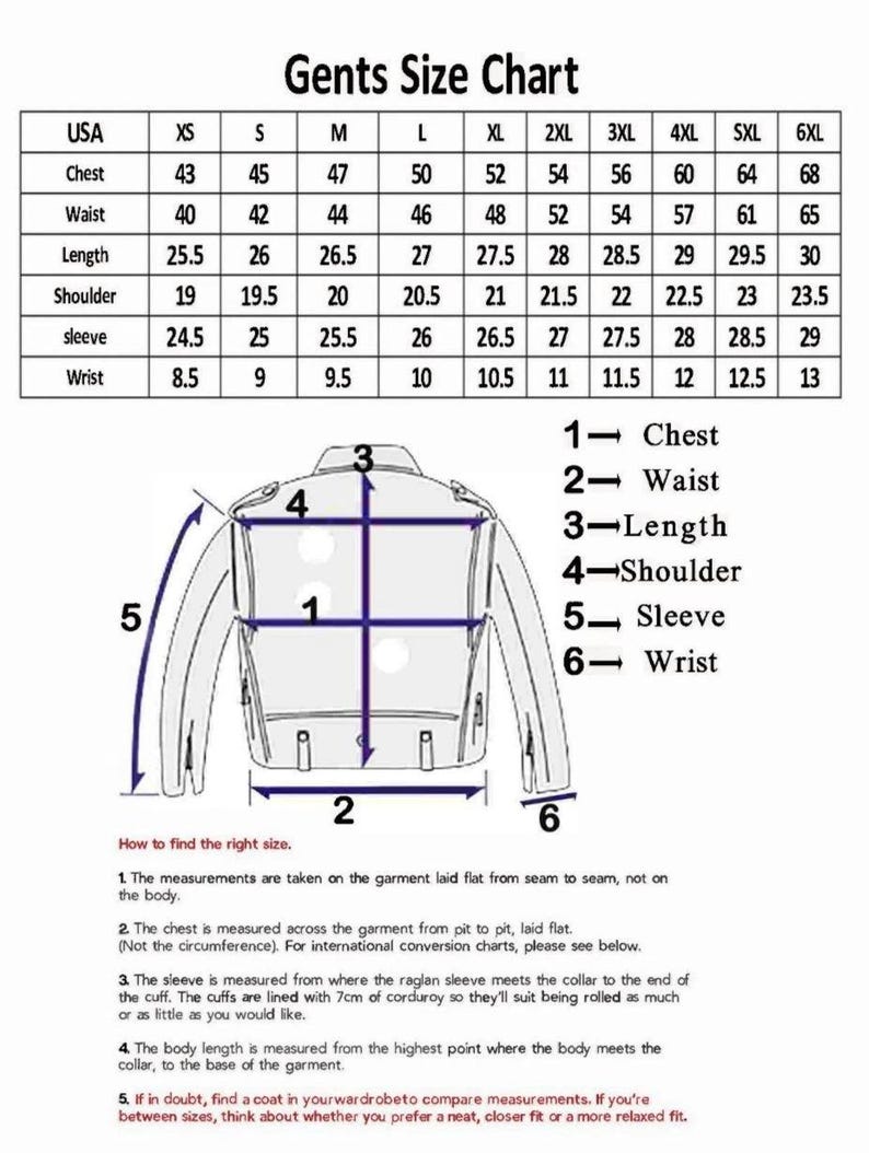 K&ouml;nnte beinhalten: Eine Gr&ouml;&szlig;entabelle mit der Bezeichnung "Gents Size Chart" mit Ma&szlig;en in Zoll f&uuml;r Brust, Taille, L&auml;nge, Schulter, &Auml;rmel und Handgelenk. Enth&auml;lt eine Abbildung einer Jacke mit nummerierten Messpunkten und Anweisungen.