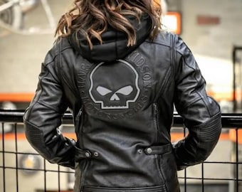 Women Harley Davidson Leather Jacket | Genuine Cowhide Motorcycle Jacket with Removable Hoodie | Reflective Willie G Skull Jacket | Gift Her