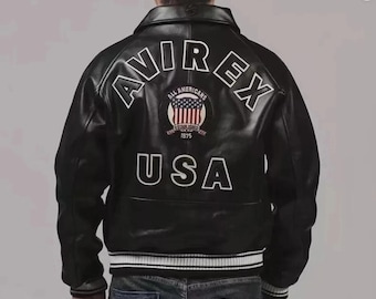 Avirex Herren schwarze USA Icon Bomberjacke | Echtes Rindsleder American Flight Bikerjacke | Geschenk für Ihn