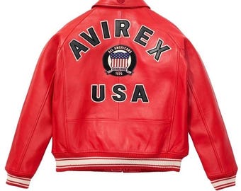 Chaqueta bomber Avirex de cuero auténtico para hombre / Chaqueta motera de cuero genuino de vaca rojo estilo aviador americano / Regalo para él