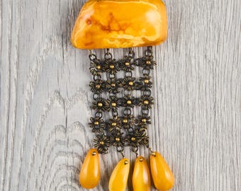 Broche grande de ámbar báltico, yema de huevo, caramelo, ámbar real natural, Letonia, idea de regalo