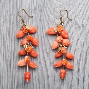 Vintage 9k gold earrings with natural undyed coral. Mediterranean coral earrings. Gift Idea