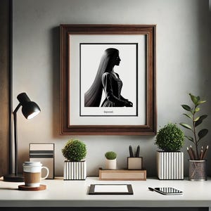 Silhouetportret prinses Rapunzel | Afdrukbare sprookjeskunst aan de muur voor directe download