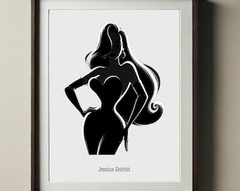 ジェシカ・ラビットのシルエットポートレート | 象徴的な漫画風の華やかなウォールアート | 手作りの大胆な装飾