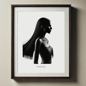 Silhouetportret prinses Pocahontas | Afdrukbare sprookjeskunst aan de muur voor directe download