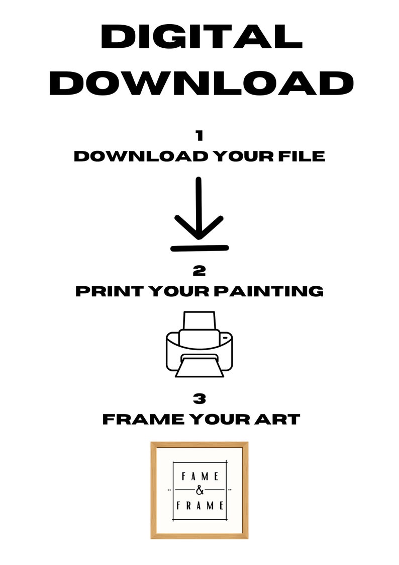 以下が含まれることがあります： 絵画を印刷して額装する手順を示すデジタルダウンロードイラスト。手順は次のとおりです。1. ファイルをダウンロードする、2. 絵画を印刷する、3. アートを額装する。画像には、プリンター、ダウンロード矢印、そして「FAME & FRAME」というテキストが書かれた額装された絵画が描かれています。