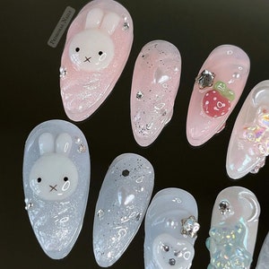 Custom Pink & Blue 3D Press On Nails: Coquette Bunny Chrome - Gel X