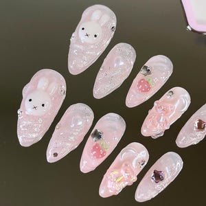 Kawaii Miffy Bunny Press On Nails: Strawberry Almond Nails