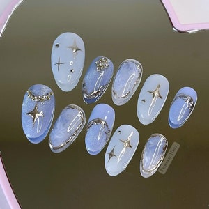 Blue Chrome Galaxy Press On Nails: Handmade Y2K Gel Nail Art