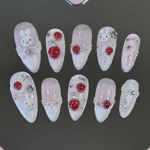 Miffy Bunny Press On Nails: Kawaii Pink Almond Gel, Handmade Coquette Tips