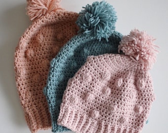 Crochet PATTERN Hat - Winter hat with puff stitch - Snowballs Hat Crochet Pattern - 5 sizes - Babies - Adult