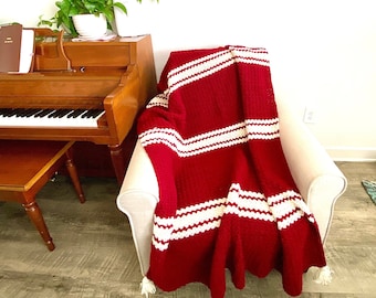 PATRÓN de ganchillo de tiro de bastón de caramelo - Navidad afgana navideña con borlas - Patrón de manta de ganchillo fácil - Decoración navideña