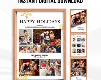 Photo Christmas Card Template | Personalized Xmas Photo Collage Template | Year In Review Xmas | Canva | Printable Gift Tag & Card | CG02