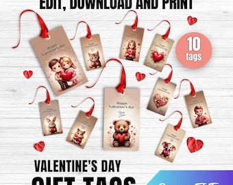 Valentine's Day Gift Tags, Printable Favor Tags, Animals, Kids Valentine, Canva Template (Digital Download, 10 Included