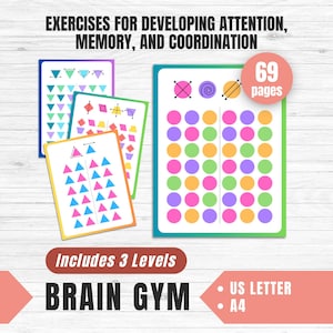 Può includere: Schede didattiche colorate con forme geometriche e motivi, progettate per esercizi di sviluppo dell'attenzione, della memoria e della coordinazione. L'immagine include il testo "EXERCISES FOR DEVELOPING ATTENTION, MEMORY, AND COORDINATION" e "BRAIN GYM".