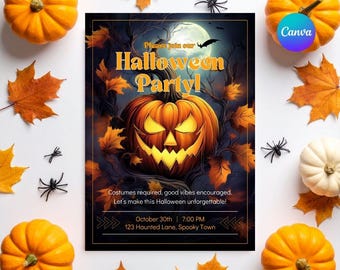 Spooky Pumpkin Halloween Party Invitation: Editable Canva Template (Digital Download 5x7in PDF & PNG Options) H003