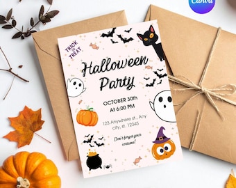 Editable Halloween Invitation for Kids Party | Cute Canva Template | Ghost Pumpkin Cat Design | Kids Spooky Night Party | Instant Download