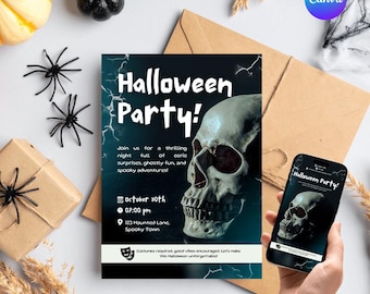 Skull Halloween Party Invitation: Spooky Canva Template (Digital Download, 5x7 & 1080x1920 px )