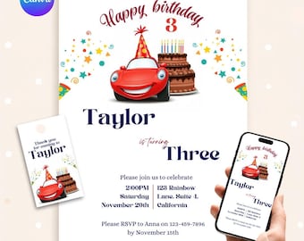 Car Birthday Invite | Boy Birthday Party | Editable Transportation Invitation| Canva Template & Animated Video Invite, Tag| Digital Download