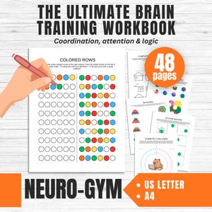 以下が含まれることがあります： 「THE ULTIMATE BRAIN TRAINING WORKBOOK」というタイトルのワークブックで、「Coordination, attention & logic」というテキストが入っています。ワークブックには、色付きの円やその他の脳トレエクササイズのページが含まれています。ワークブックは48ページで、USレターとA4サイズです。