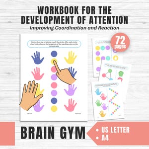 Brain Gym-werkboek voor kinderen | 72 pagina&#39;s Afdrukbare ontwikkelingsactiviteiten aandacht | Oefeningen hand-oogcoördinatie, focus en reactie (pdf)