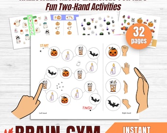Halloween Brain Gym Kids Activities | Printable Neuro Exercises | Two-Hand Coordination Games | Fun Therapy Worksheets | 32 Pages PDF
