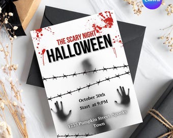 Scary Halloween Party Invitation: Bloody Handprints Canva Template (5x7 Digital Download)| H010