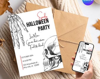 Skeleton Halloween Party Invitation Template| Adult Halloween Invite| Printable Fun Invite| Digital Animated Invite | Editable Canva Design