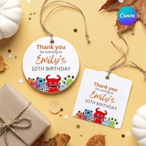 May include: Two white birthday tags with the text "Thank you for coming to Emily's 10th Birthday." Each tag features a colorful monster design. One tag is round, the other is square, both with twine.