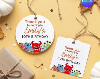 Monster Birthday Favor Tags | Monster Party Thank You Notes| Monster Gift Tags| 2x2| Instant Download| Editable/Printable Template| BPH012-1