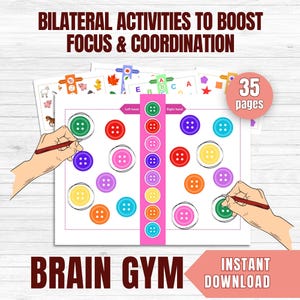 以下が含まれることがあります： カラフルなボタンと「Bilateral Activities to Boost Focus & Coordination」のテキストが特徴の、印刷可能な脳トレアクティビティシート。「Left hand」と「Right hand」のテキストと「Instant Download」の文字が含まれています。